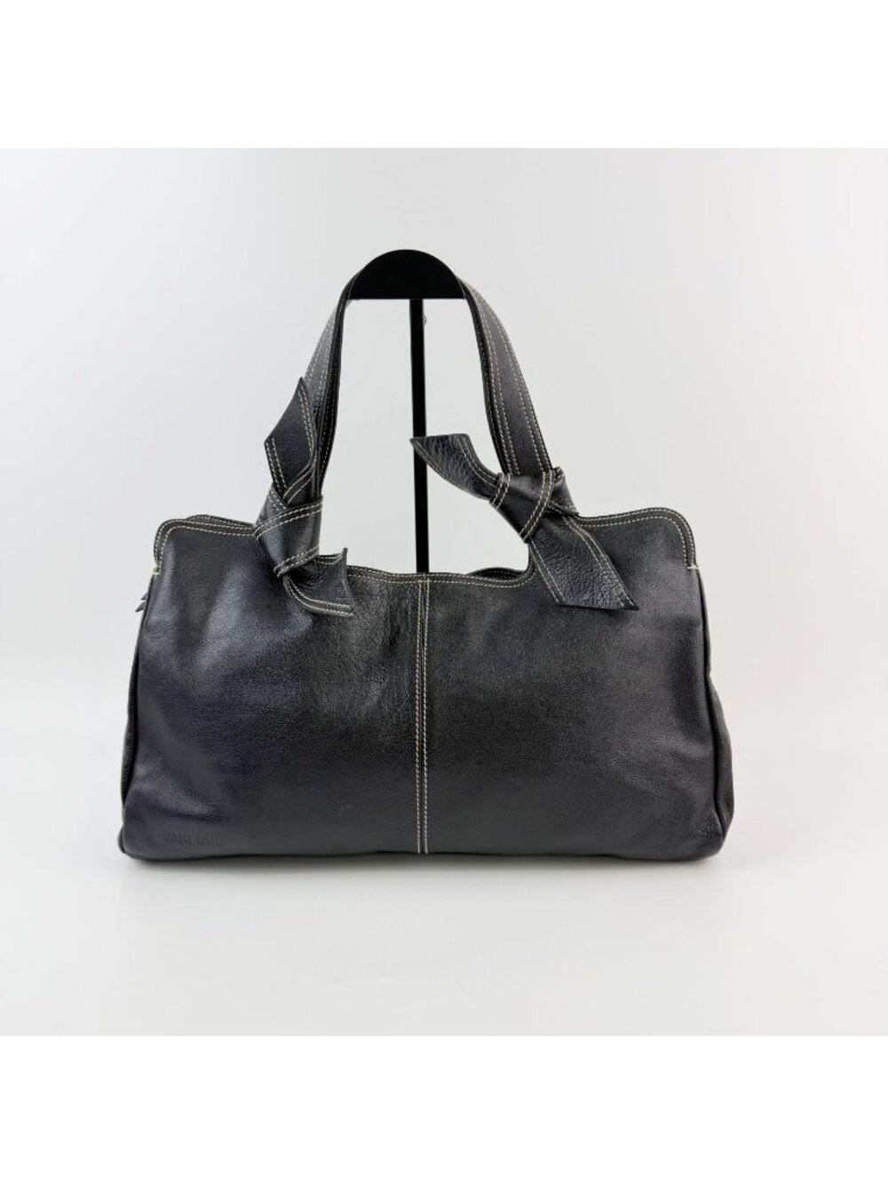 Miu Miu Logo Embossed Contrast Stitch Knot Handle Shoulder Bag Leather Black